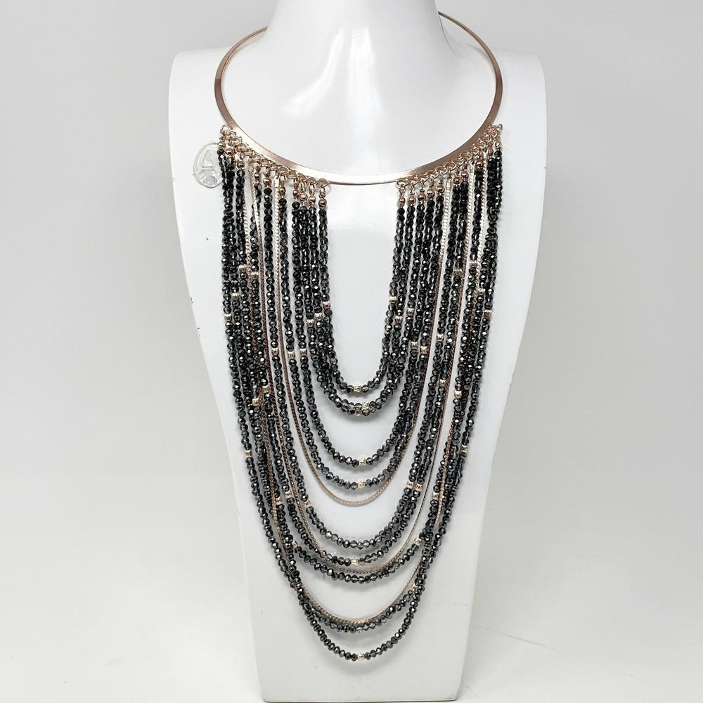 Rose Gold Draped Multistrand Bib Collar Statement Necklace Gray Metallic Glamour